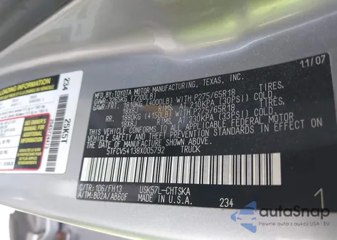2008 Toyota Tundra Sr5 5.7L V8 from USA, damaged, VIN 5TFCV54138X005792